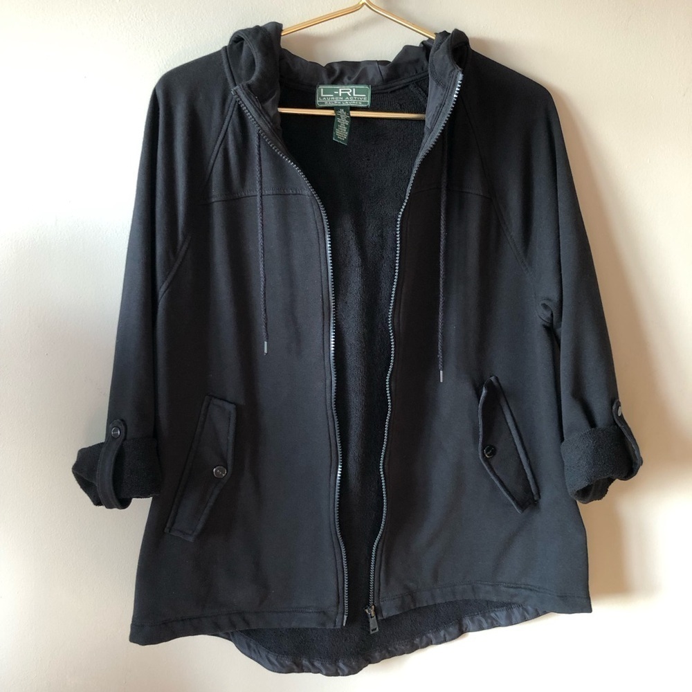 LRL Ralph Lauren Women's Black Cotton Terry cloth Zip Hood Lightweight Jacket 1X